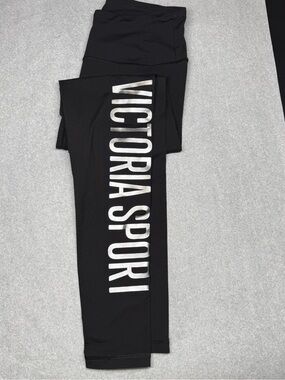 Victoria's Secret Black Leggings with Silver Victoria Sport Logo